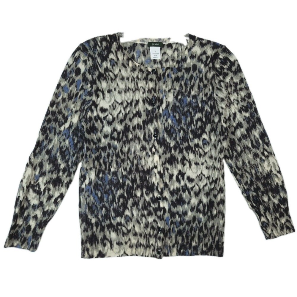 J.Crew Women S Merino Wool Artsy Animal Print Cardigan Gray Blue Button Front